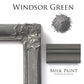 Windsor Green milk paint swatch on decorative frame with milk paint powder sample