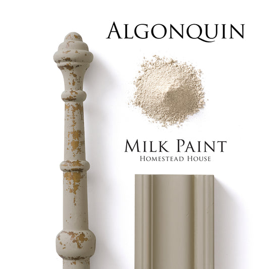 Algonquin Milk Paint Homestead House flat lay with a decorative column and paint sample on a white background