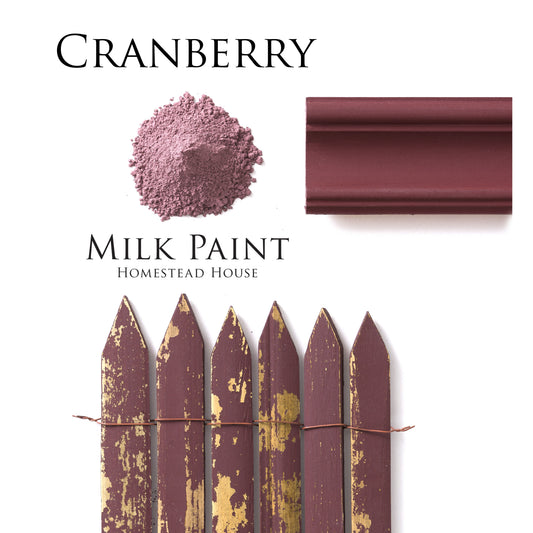Cranberry Homestead House Milk Paint Flatlay with powder, painted trim and natural aged chippy effect on picket fence