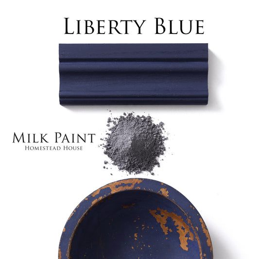 Liberty Blue Homestead House Milk Paint Flatlay, powder, painted trim and chipped effect bowl