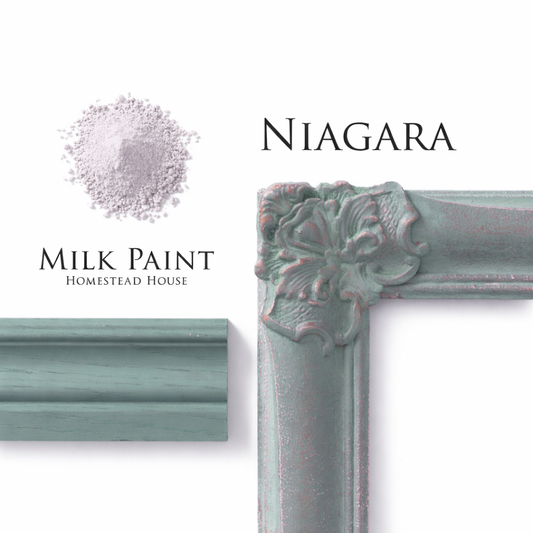 Niagara homestead House milk paint flat lay with decorative frame, painted trim and Milk Paint powder on a white background
