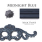 Midnight Blue milk paint flat lay with decorative moulding and color swatch on a white background