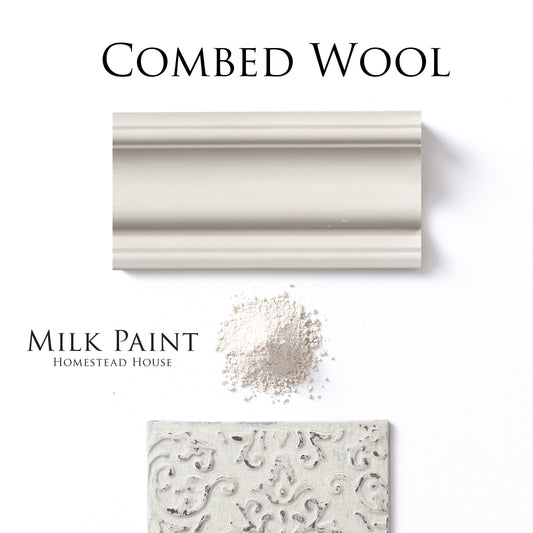 Homestead House Combed Wool Milk Paint Flat Lay, powder, painted trim and distressed mbossed sample