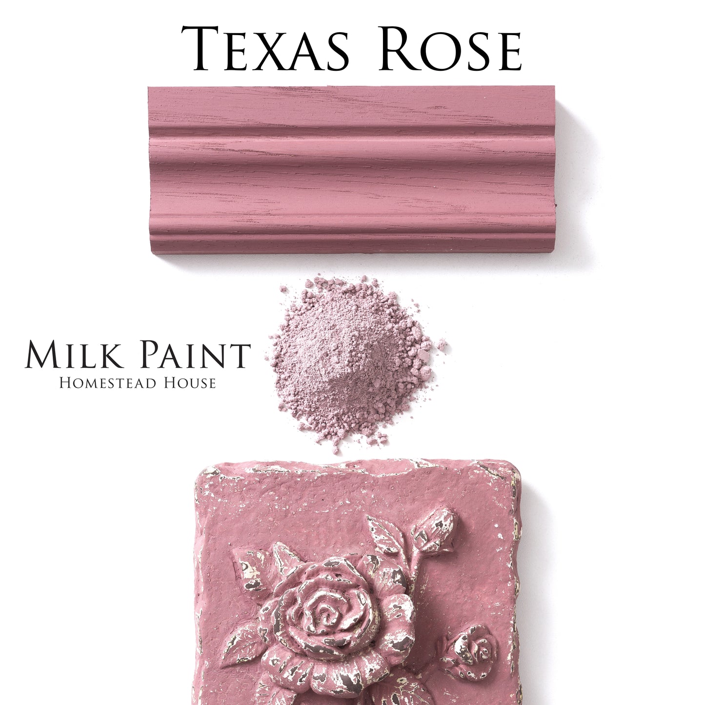 Texas Rose milk paint with a sample, powder, and decorative application