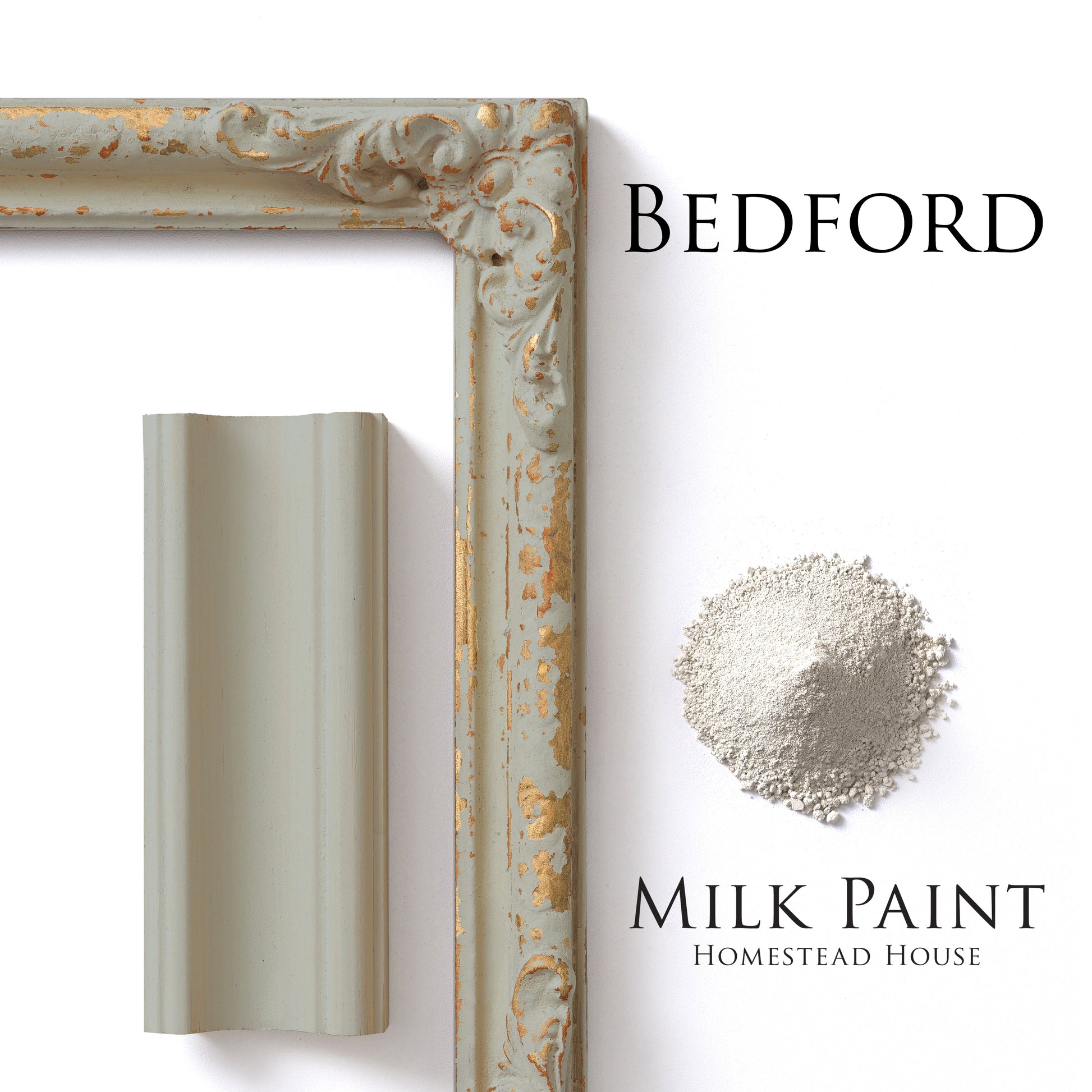 Bedford homestead House Milk Paint colour swatches with milk paint powder, painted trim and distressed patterned engraved photo frame 