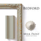 Bedford homestead House Milk Paint colour swatches with milk paint powder, painted trim and distressed patterned engraved photo frame 