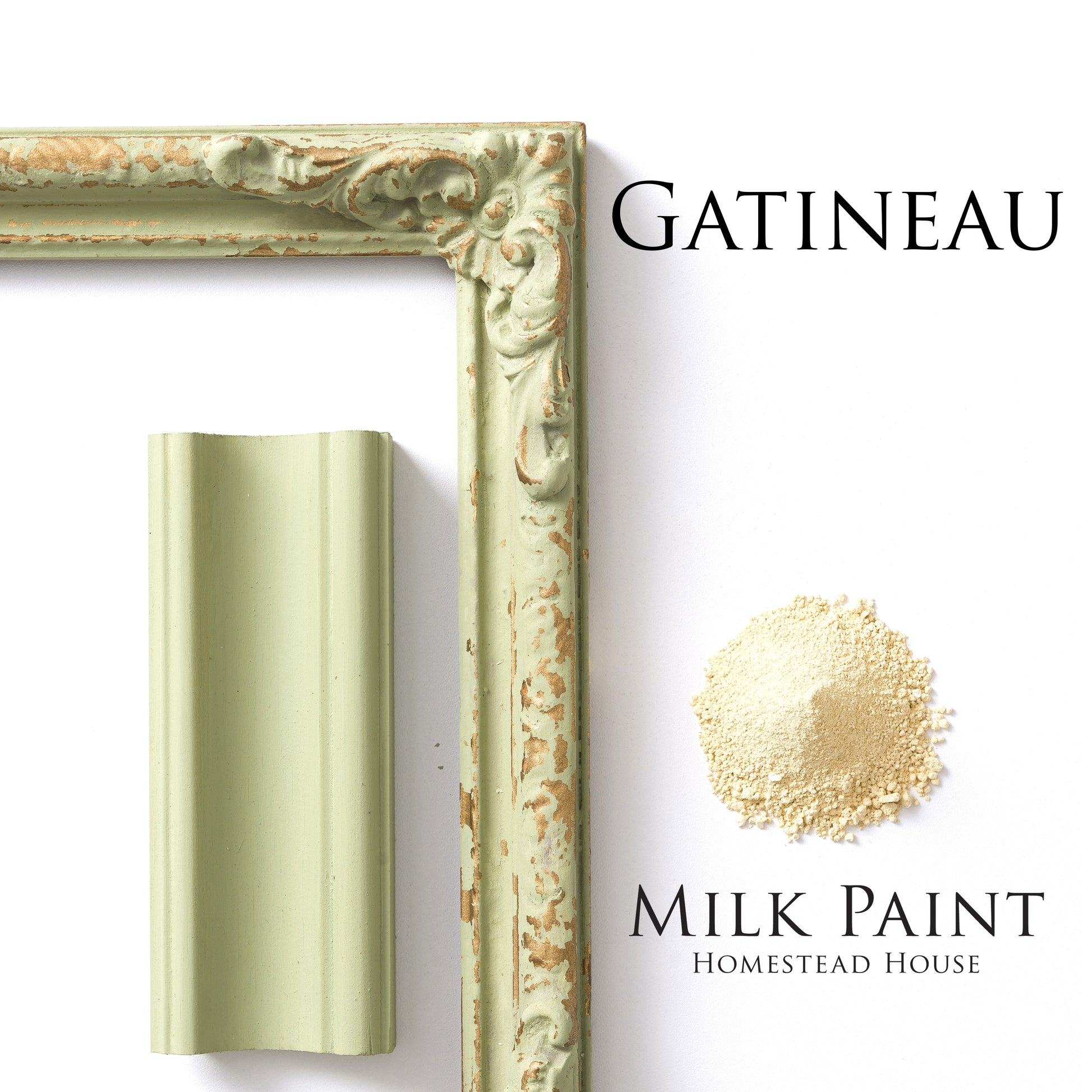 Gatineau Homestead House Milk Paint flatlay with milk paint powder, painted trim and chippy photo frame