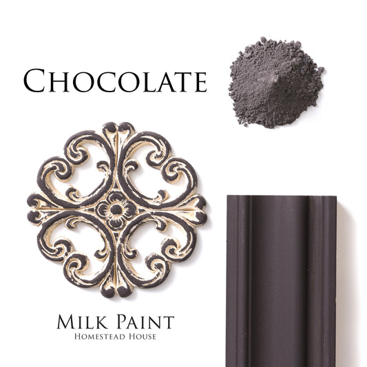 Chocolate Homestead House Milk Paint Flat Lay with powder, painted trim and moulding with liming wax