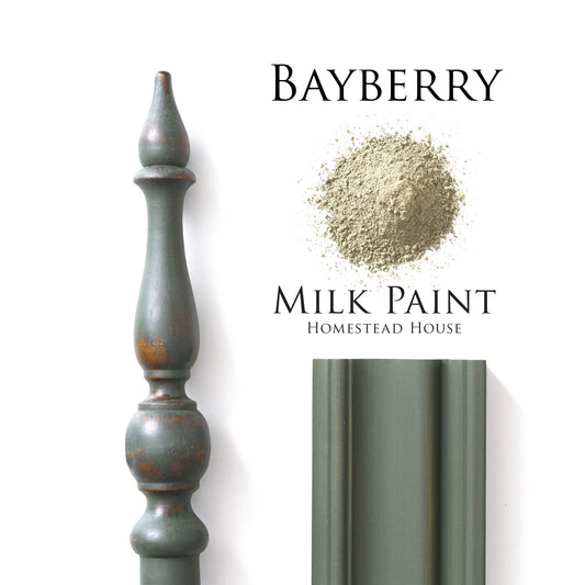 Bayberry milk paint by Homestead House with a wooden finial and color swatch.