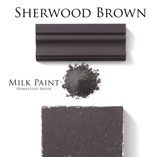 Sherwood Brown Homestead House milk paint swatch, powder, and sample on a white background