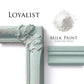 Loyalist homestead House Milk Paint flat lay with milk paint powder, solid smooth painted trim and chippy crackled photo frame