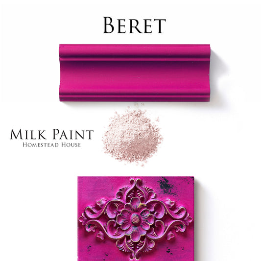 Beret Homestead House Milk Paint Flat Lay with powder, painted trim and chippy pink and gold moulding on board