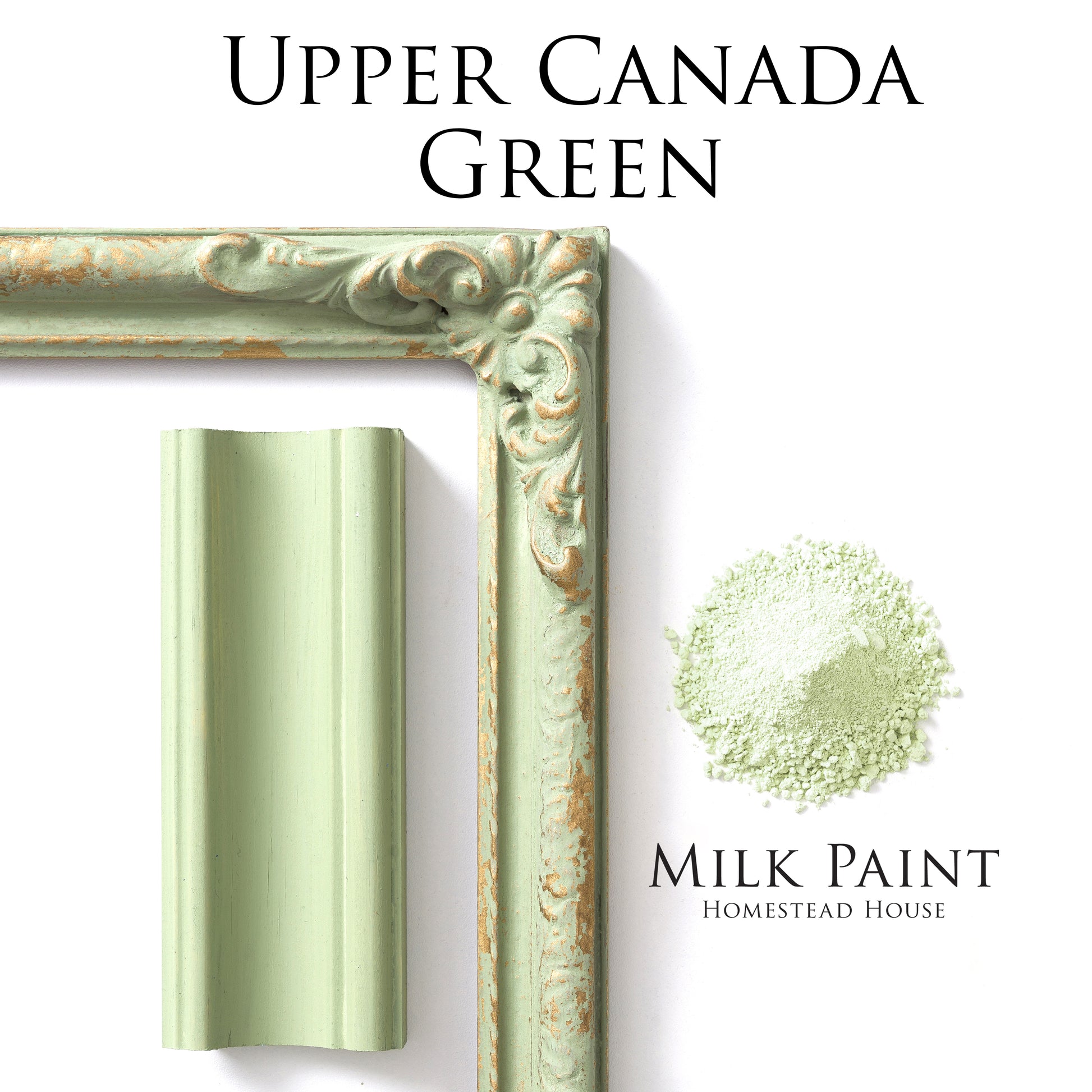 Green milk paint sample with decorative frame and 'Upper Canada Green' text on a white background.