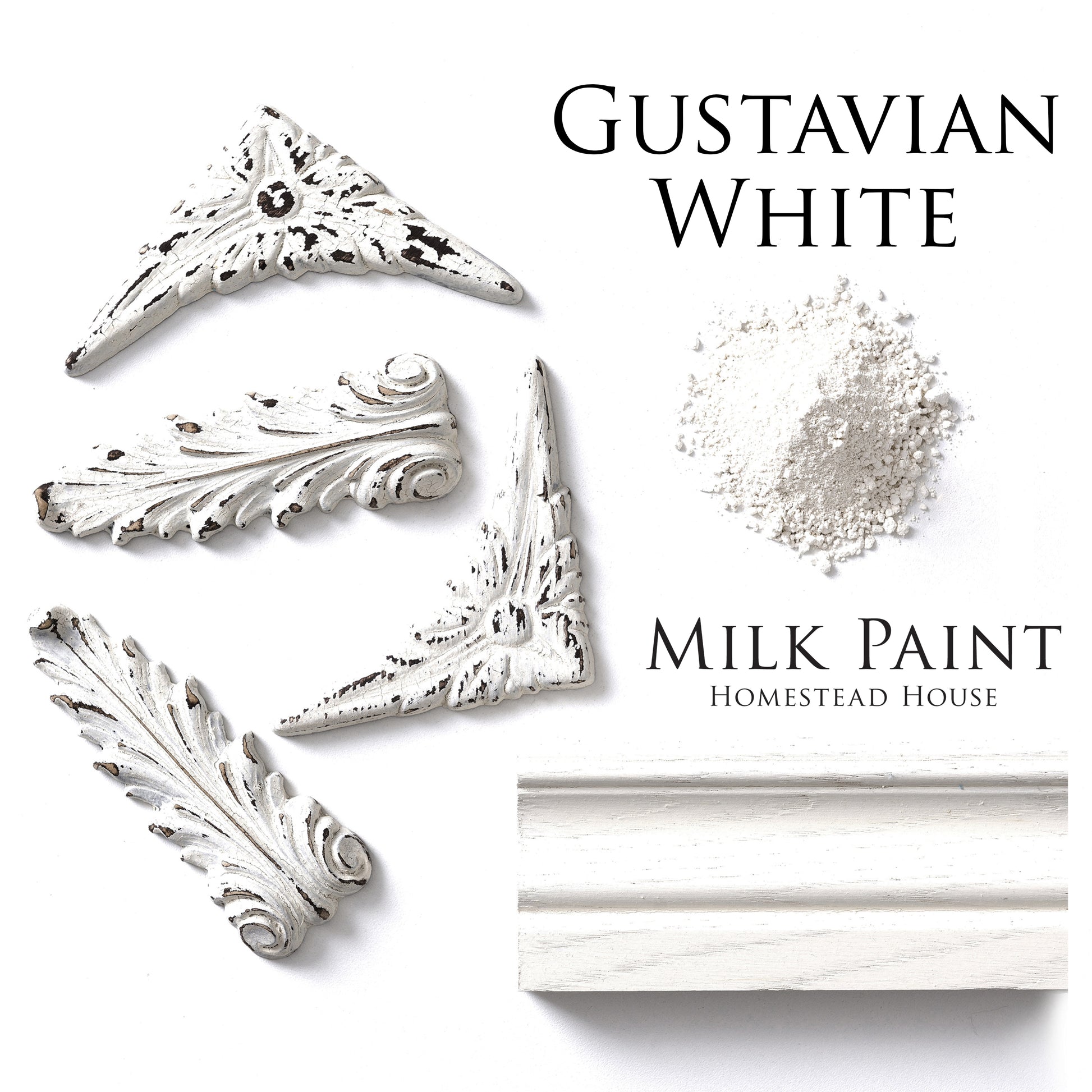 Gustavian White Homestead House Milk Paint flat lay with powder, painted trim and diatressed mouldings