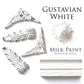 Gustavian White Homestead House Milk Paint flat lay with powder, painted trim and diatressed mouldings