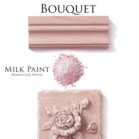 Bouquet Homestead House Milk Paint Flat Lay with powder, painted trim and chippy distressed roses moulding