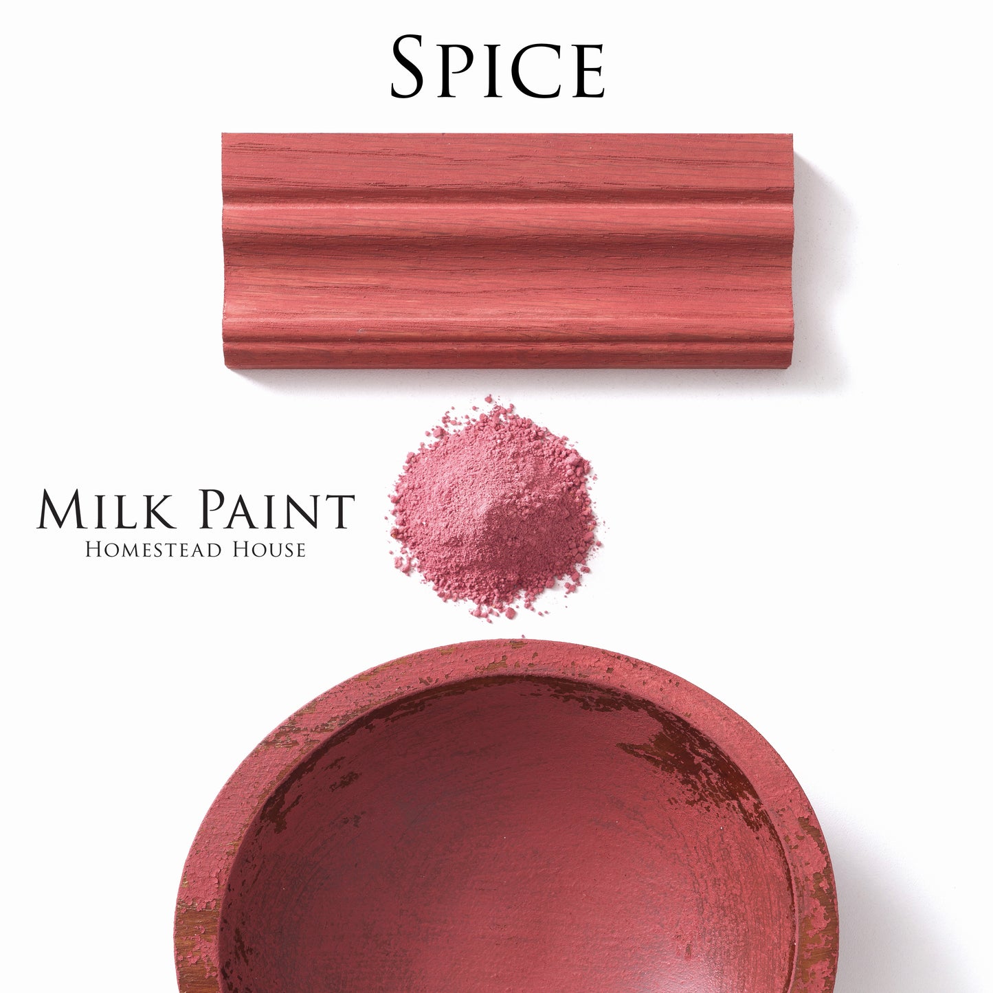Homestead House Milk Paint Spice swatches on a painted trim, chippy paint bowl and milk paint powder