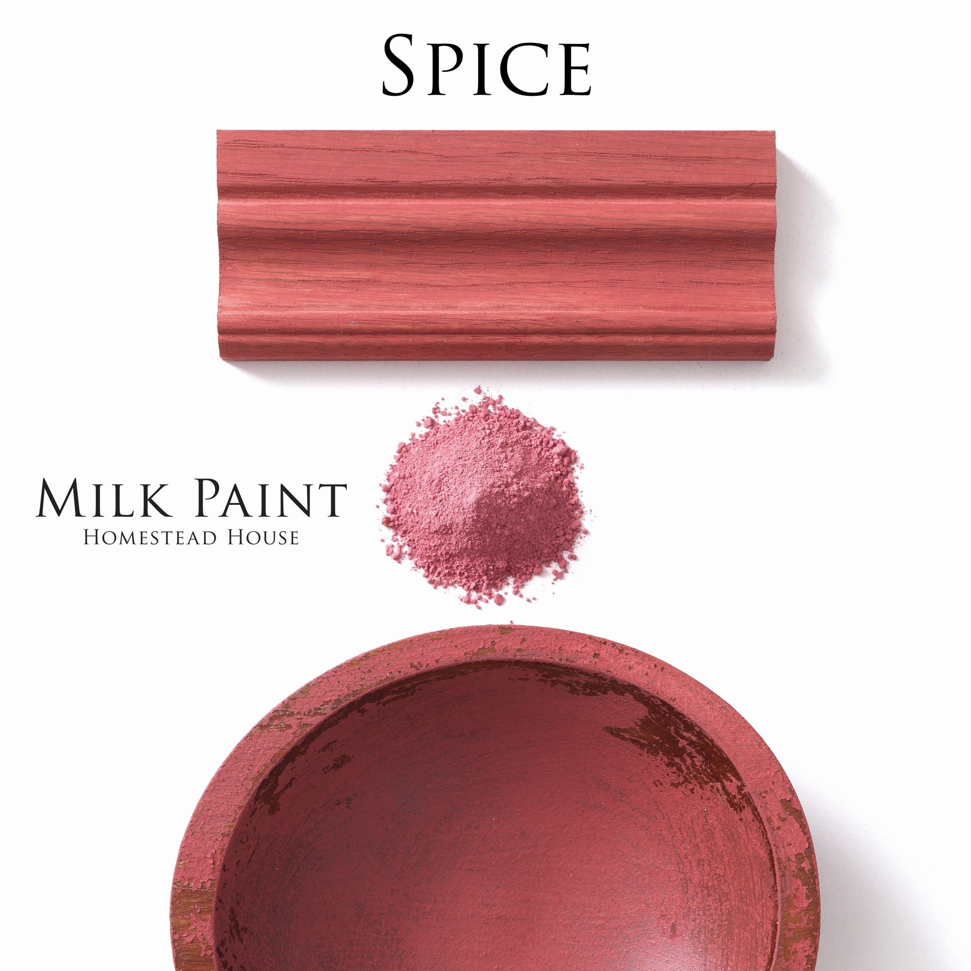 Homestead House Milk Paint Spice swatches on a painted trim, chippy paint bowl and milk paint powder
