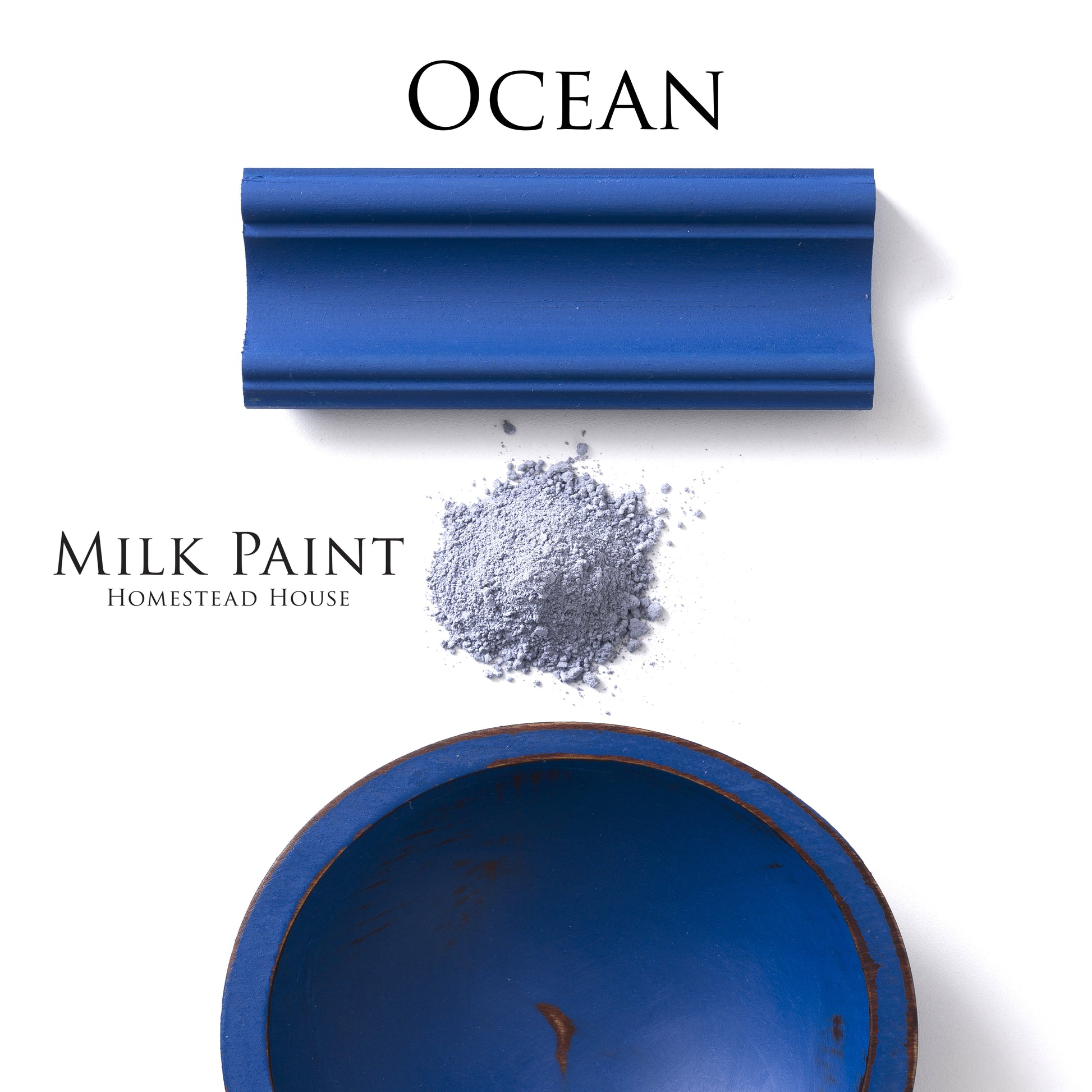 Ocean Homestead House Milk Paint Flat Lay with powder, painted trim and chippy bowl