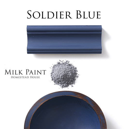 Soldier Blue Homestead House Milk Paint flatlay, powder, painted trim and chippy painted bowl