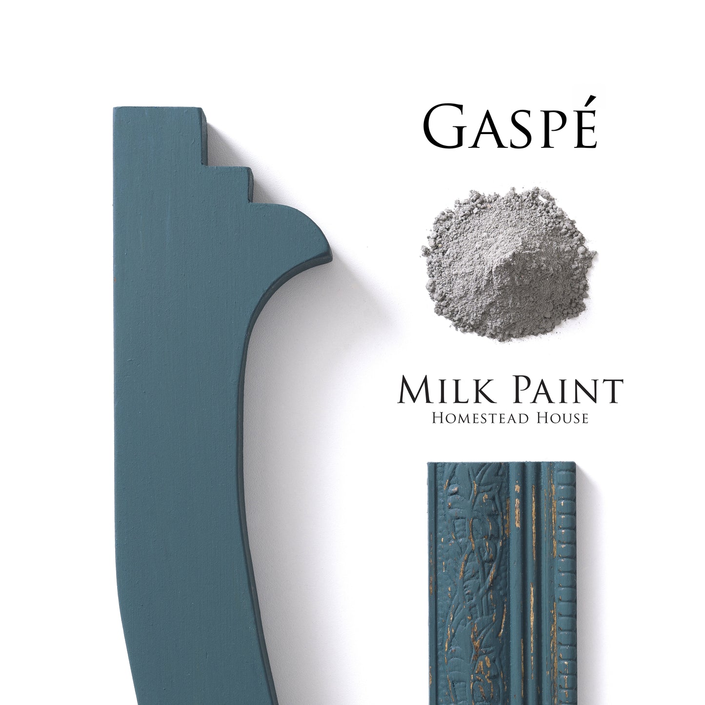 Gaspe green blue Homestead House Milk Paint flatlay with milk paint powder, painted engraved trim and moulding
