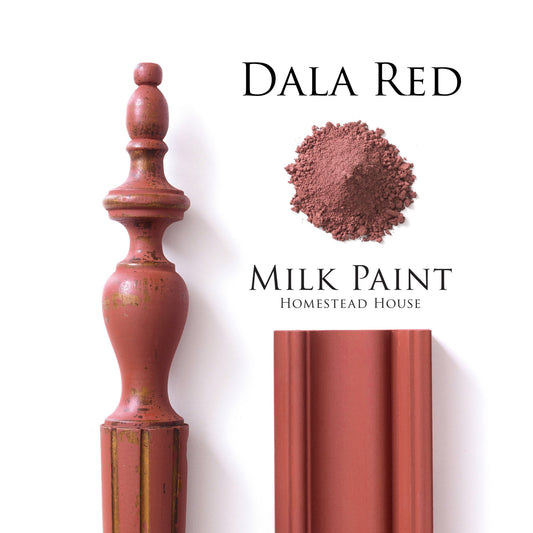Dala Red Homestead House Milk Paint Flat Lay with powder, painted trim and chippy spindle