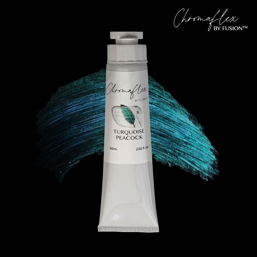 Tube of Chromaflex by Fusion Turquoise Peacock paint with a swatch on a black background
