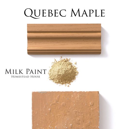 Quebec Maple Homestead House milk paint swatch, powder, and sample on a white background