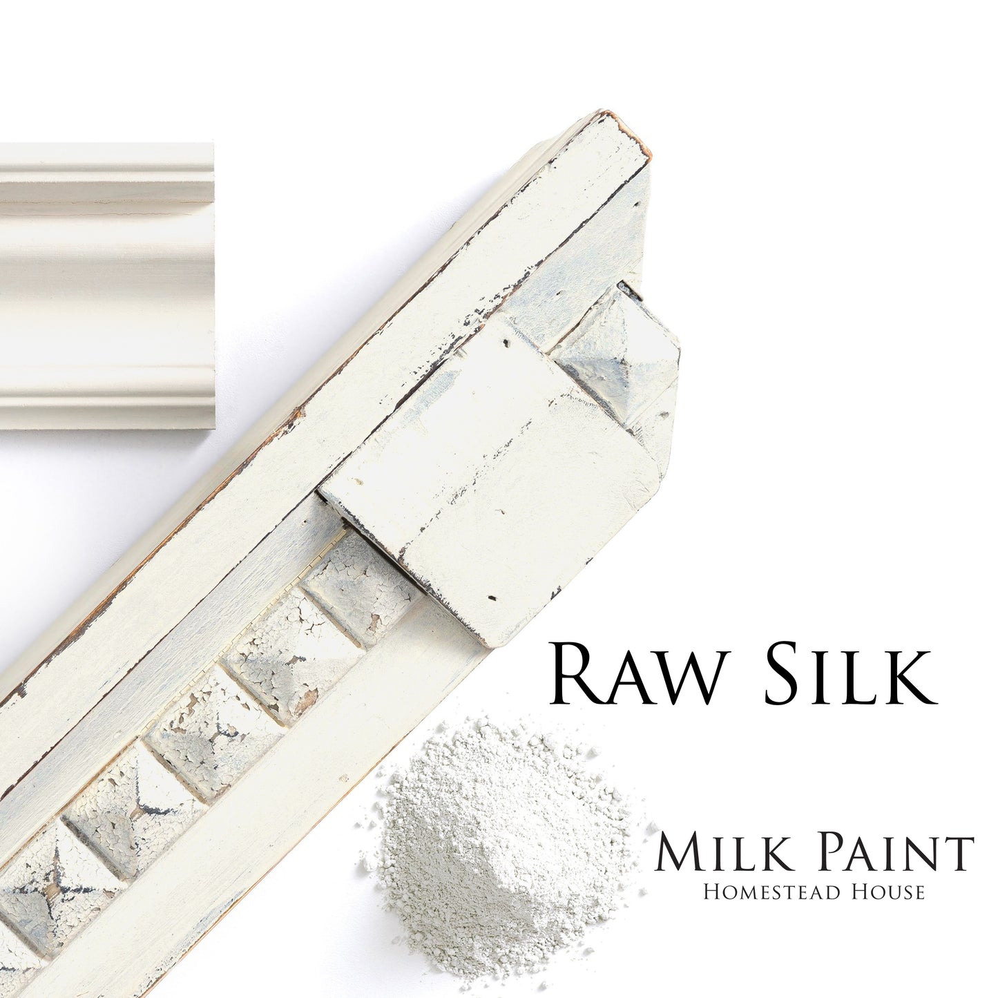 White distressed moulding with a scoop of raw silk milk paint on a white background, featuring the brand 'Homestead House'.