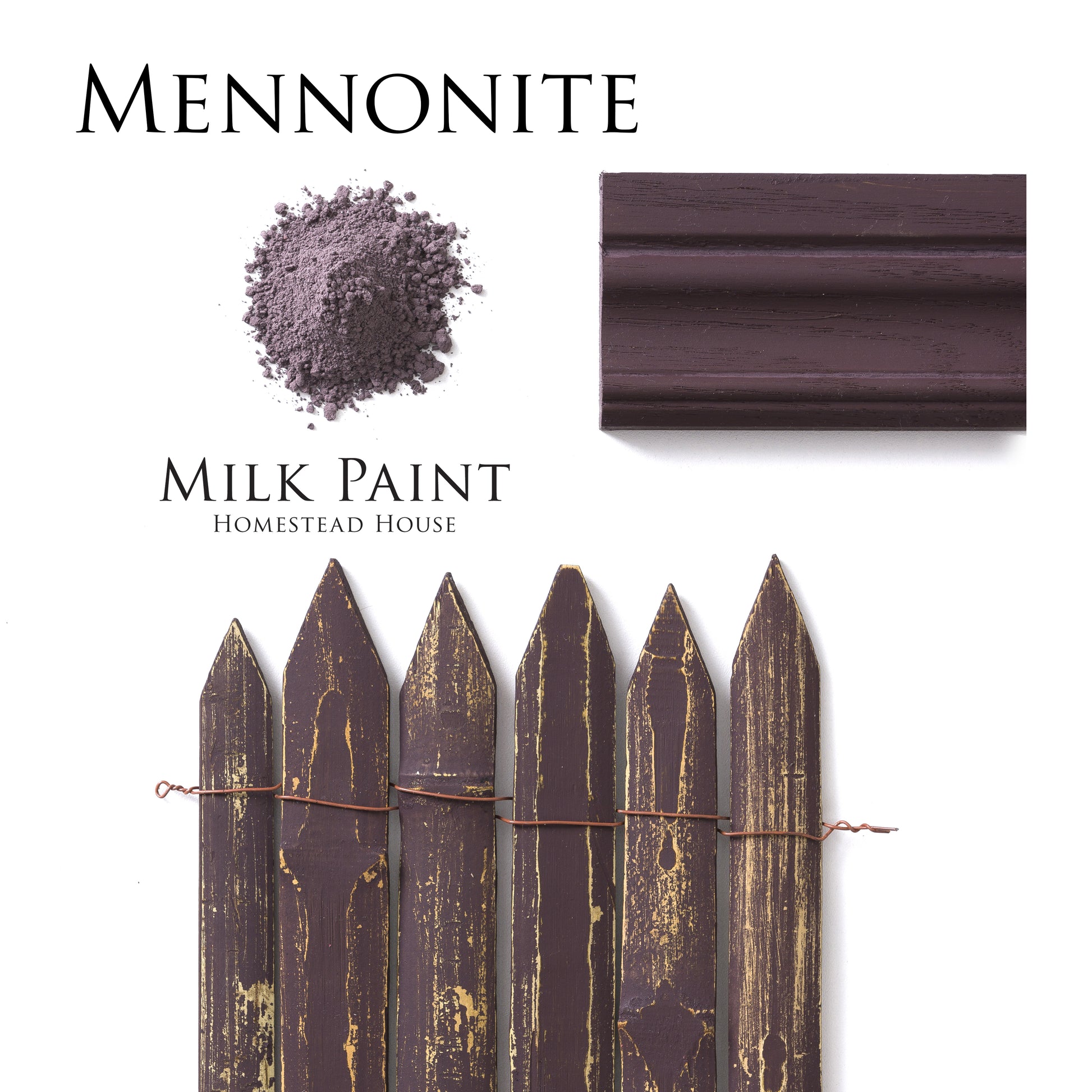 Mennonite Milk Paint Homestead House with a sample of paint, color swatch, and wooden fence.